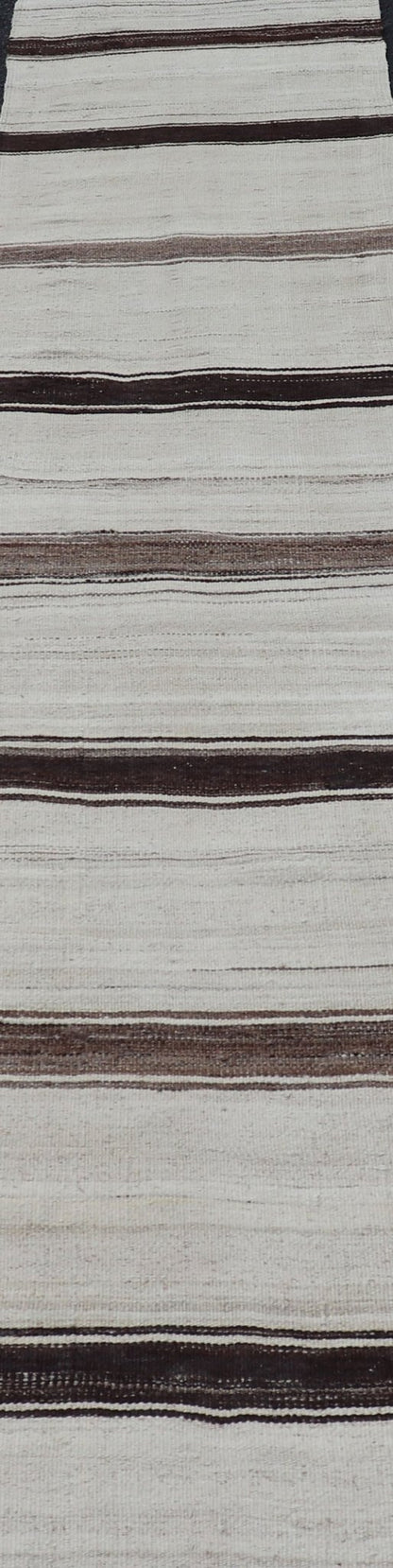 Vintage Turkish Striped Kilim Runner in White, Black, Brown and Tan Vintage Kilim Runner, Keivan Woven Arts rug EN - P13442 , country of origin / type: Turkey / Kilim, circa Mid - 20th Century. minimalist design striped kilim, Vintage kilim runner ... - Keivan Woven ArtsEN - P13442 - 18455Rug