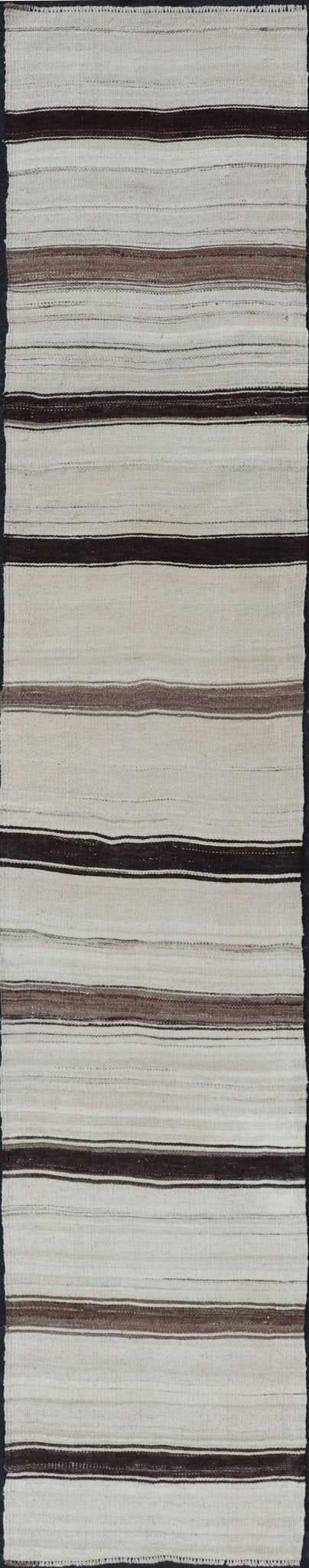 Vintage Turkish Striped Kilim Runner in White, Black, Brown and Tan Vintage Kilim Runner, Keivan Woven Arts rug EN - P13442 , country of origin / type: Turkey / Kilim, circa Mid - 20th Century. minimalist design striped kilim, Vintage kilim runner ... - Keivan Woven ArtsEN - P13442 - 18455Rug