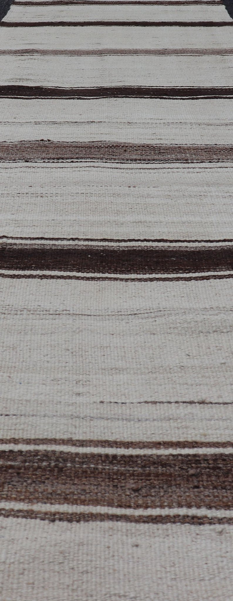Vintage Turkish Striped Kilim Runner in White, Black, Brown and Tan Vintage Kilim Runner, Keivan Woven Arts rug EN - P13442 , country of origin / type: Turkey / Kilim, circa Mid - 20th Century. minimalist design striped kilim, Vintage kilim runner ... - Keivan Woven ArtsEN - P13442 - 18455Rug