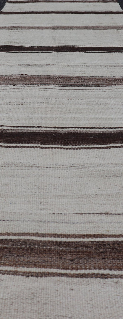 Vintage Turkish Striped Kilim Runner in White, Black, Brown and Tan Vintage Kilim Runner, Keivan Woven Arts rug EN - P13442 , country of origin / type: Turkey / Kilim, circa Mid - 20th Century. minimalist design striped kilim, Vintage kilim runner ... - Keivan Woven ArtsEN - P13442 - 18455Rug