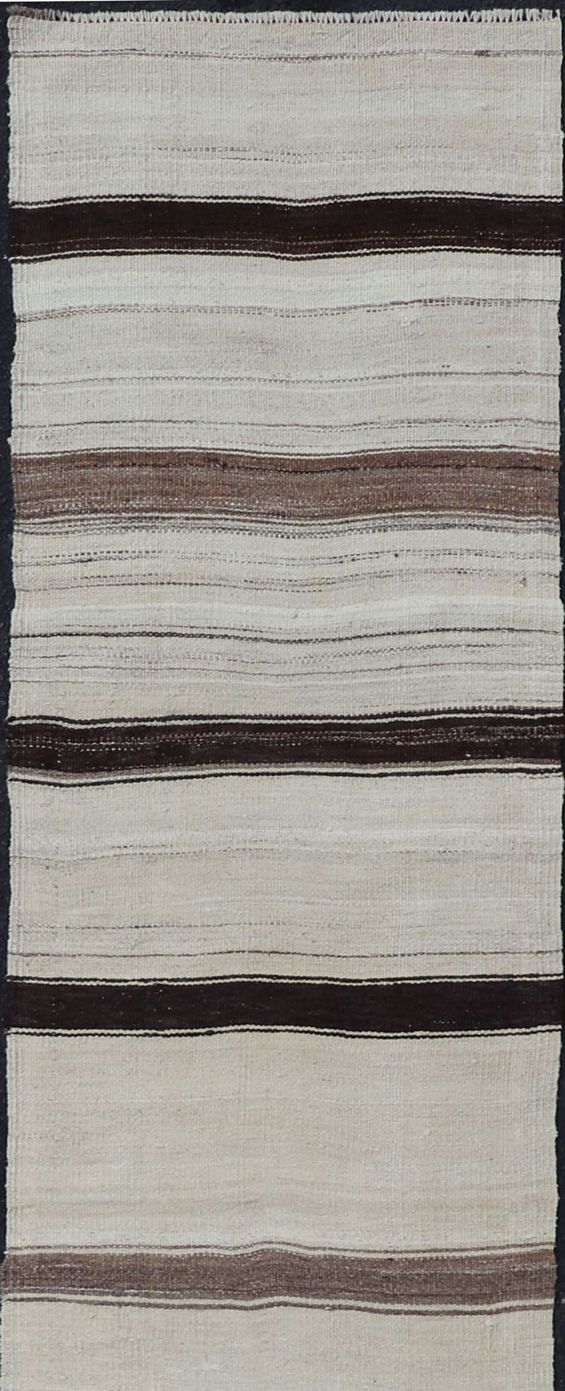 Vintage Turkish Striped Kilim Runner in White, Black, Brown and Tan Vintage Kilim Runner, Keivan Woven Arts rug EN - P13442 , country of origin / type: Turkey / Kilim, circa Mid - 20th Century. minimalist design striped kilim, Vintage kilim runner ... - Keivan Woven ArtsEN - P13442 - 18455Rug