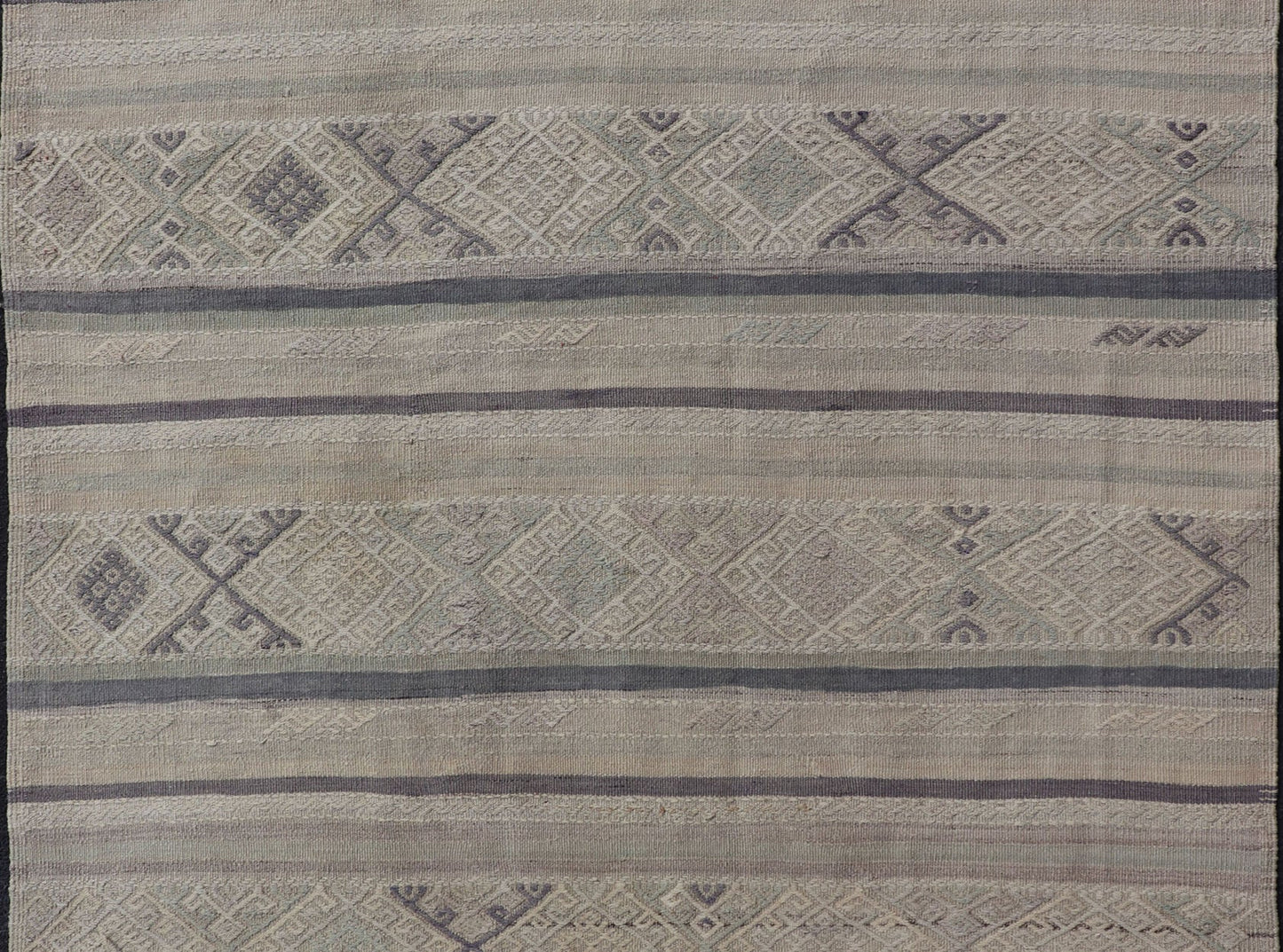 Square Vintage Turkish Embroidered Kilim in Dark Blue, L. Green, Gray, Taupe Square size Vintage Turkish Kilim in Dark Blue, L. Green, Gray, Taupe . Keivan Woven Arts / rug EN - P13449, country of origin / type: Turkey / Kilim, circa Mid - 20th Cen... - Keivan Woven ArtsEN - P13449 - 17850Rug