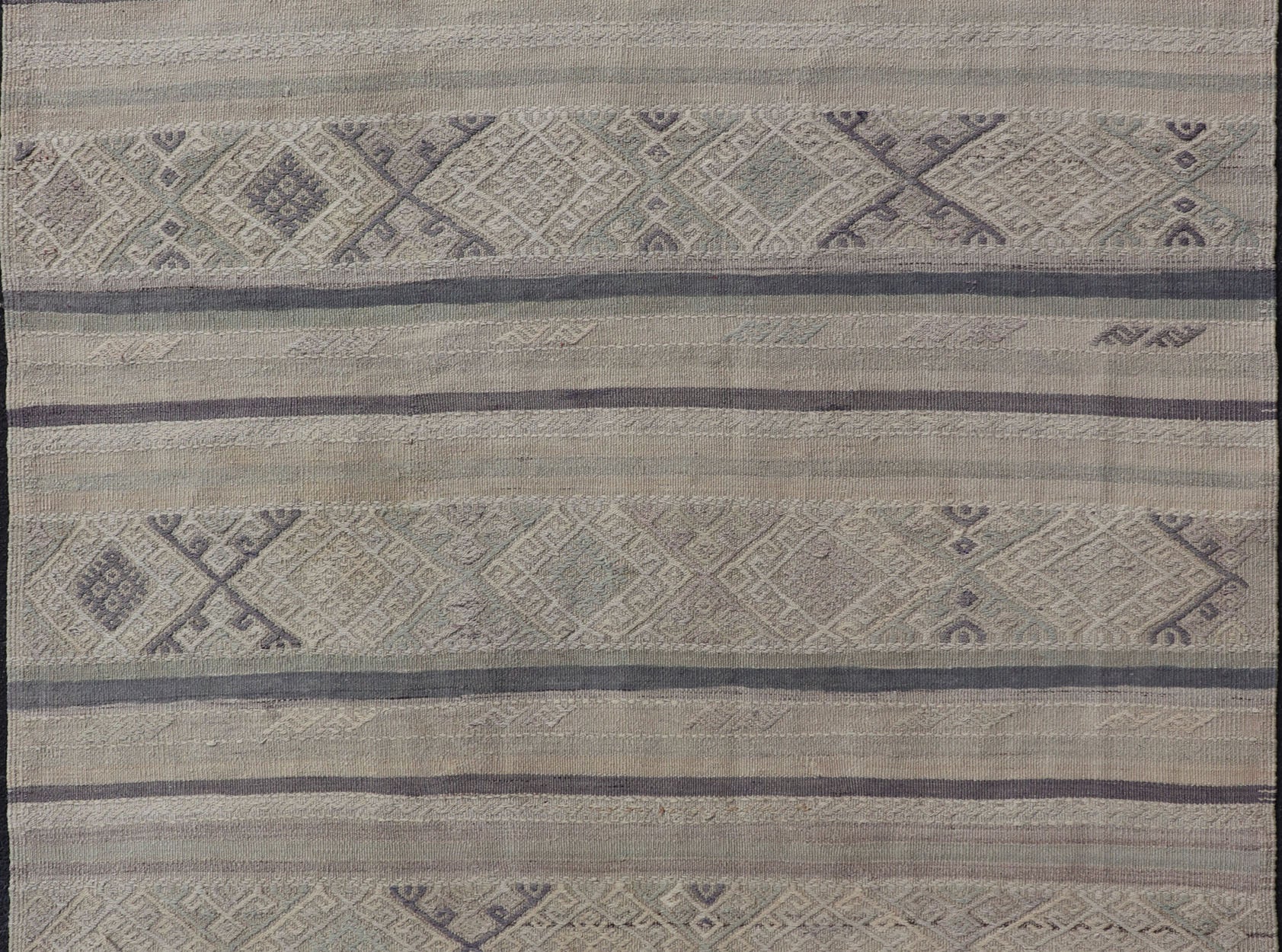 Square Vintage Turkish Embroidered Kilim in Dark Blue, L. Green, Gray, Taupe Square size Vintage Turkish Kilim in Dark Blue, L. Green, Gray, Taupe . Keivan Woven Arts / rug EN - P13449, country of origin / type: Turkey / Kilim, circa Mid - 20th Cen... - Keivan Woven ArtsEN - P13449 - 17850Rug