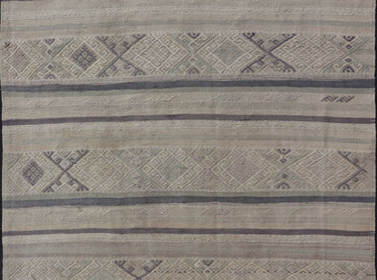 Square Vintage Turkish Embroidered Kilim in Dark Blue, L. Green, Gray, Taupe Square size Vintage Turkish Kilim in Dark Blue, L. Green, Gray, Taupe . Keivan Woven Arts / rug EN - P13449, country of origin / type: Turkey / Kilim, circa Mid - 20th Cen... - Keivan Woven ArtsEN - P13449 - 17850Rug