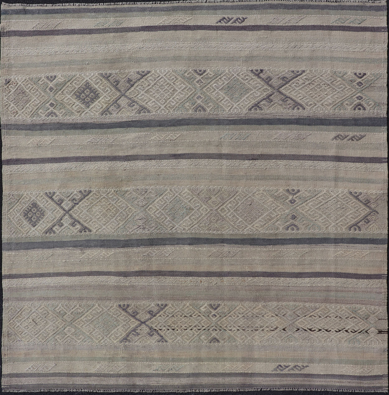 Square Vintage Turkish Embroidered Kilim in Dark Blue, L. Green, Gray, Taupe Square size Vintage Turkish Kilim in Dark Blue, L. Green, Gray, Taupe . Keivan Woven Arts / rug EN - P13449, country of origin / type: Turkey / Kilim, circa Mid - 20th Cen... - Keivan Woven ArtsEN - P13449 - 17850Rug