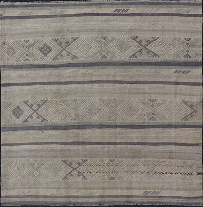 Square Vintage Turkish Embroidered Kilim in Dark Blue, L. Green, Gray, Taupe Square size Vintage Turkish Kilim in Dark Blue, L. Green, Gray, Taupe . Keivan Woven Arts / rug EN - P13449, country of origin / type: Turkey / Kilim, circa Mid - 20th Cen... - Keivan Woven ArtsEN - P13449 - 17850Rug