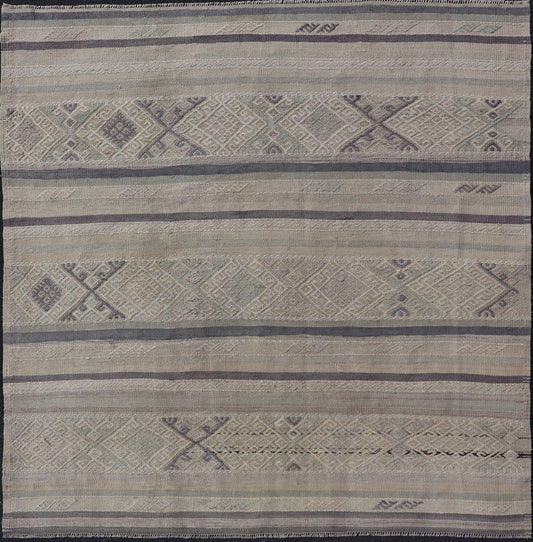 Square Vintage Turkish Embroidered Kilim in Dark Blue, L. Green, Gray, Taupe Square size Vintage Turkish Kilim in Dark Blue, L. Green, Gray, Taupe . Keivan Woven Arts / rug EN - P13449, country of origin / type: Turkey / Kilim, circa Mid - 20th Cen... - Keivan Woven ArtsEN - P13449 - 17850Rug