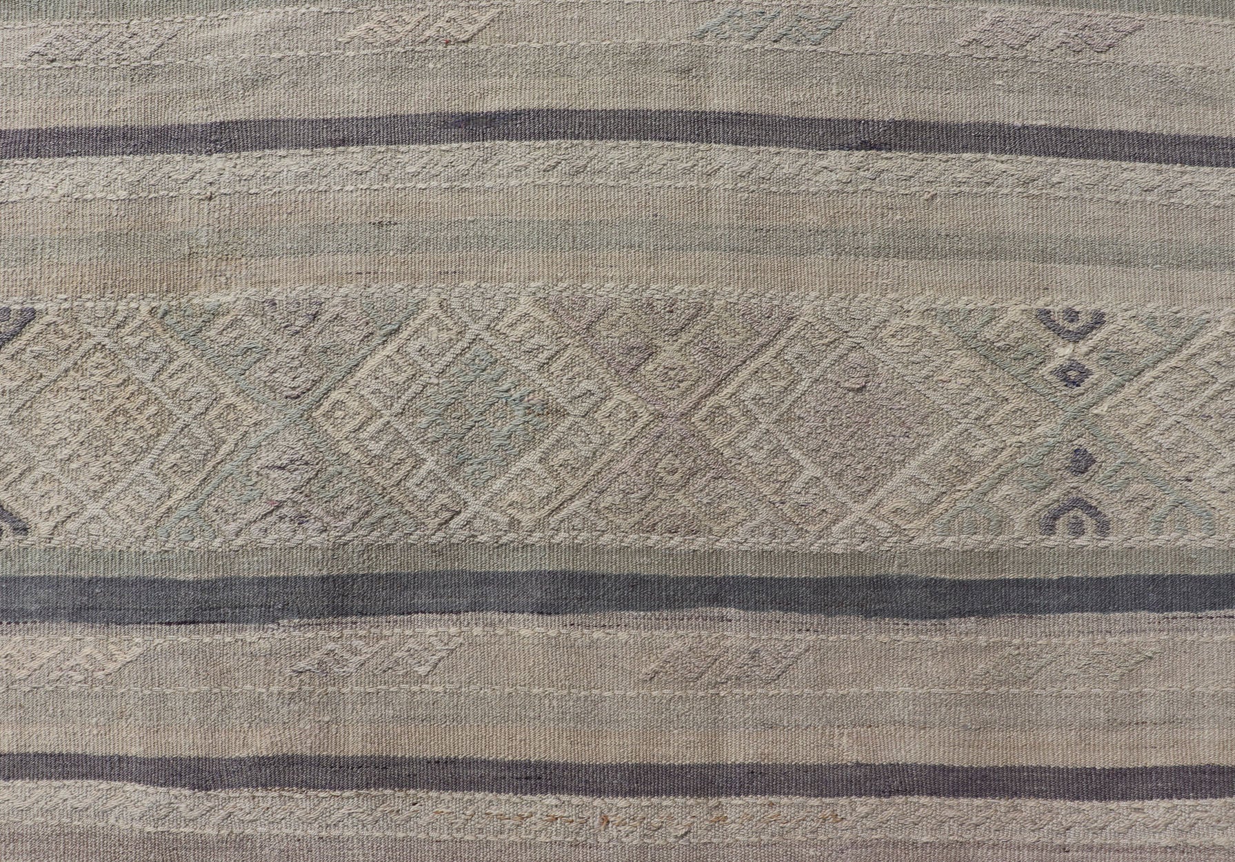 Square Vintage Turkish Embroidered Kilim in Dark Blue, L. Green, Gray, Taupe Square size Vintage Turkish Kilim in Dark Blue, L. Green, Gray, Taupe . Keivan Woven Arts / rug EN - P13449, country of origin / type: Turkey / Kilim, circa Mid - 20th Cen... - Keivan Woven ArtsEN - P13449 - 17850Rug