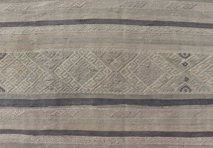 Square Vintage Turkish Embroidered Kilim in Dark Blue, L. Green, Gray, Taupe Square size Vintage Turkish Kilim in Dark Blue, L. Green, Gray, Taupe . Keivan Woven Arts / rug EN - P13449, country of origin / type: Turkey / Kilim, circa Mid - 20th Cen... - Keivan Woven ArtsEN - P13449 - 17850Rug