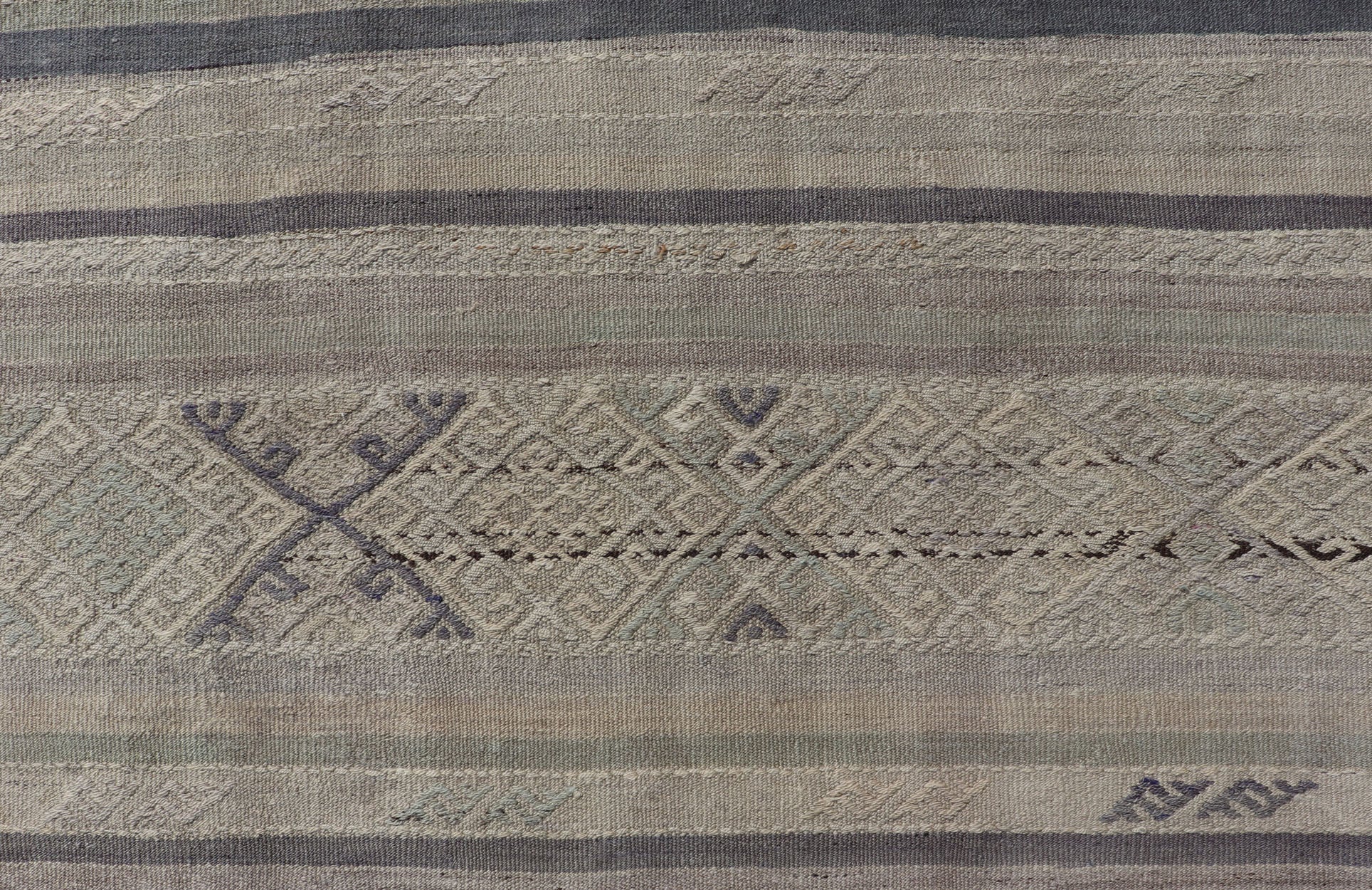 Square Vintage Turkish Embroidered Kilim in Dark Blue, L. Green, Gray, Taupe Square size Vintage Turkish Kilim in Dark Blue, L. Green, Gray, Taupe . Keivan Woven Arts / rug EN - P13449, country of origin / type: Turkey / Kilim, circa Mid - 20th Cen... - Keivan Woven ArtsEN - P13449 - 17850Rug