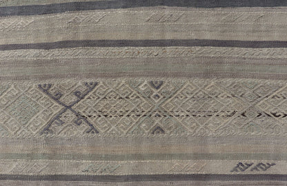 Square Vintage Turkish Embroidered Kilim in Dark Blue, L. Green, Gray, Taupe Square size Vintage Turkish Kilim in Dark Blue, L. Green, Gray, Taupe . Keivan Woven Arts / rug EN - P13449, country of origin / type: Turkey / Kilim, circa Mid - 20th Cen... - Keivan Woven ArtsEN - P13449 - 17850Rug