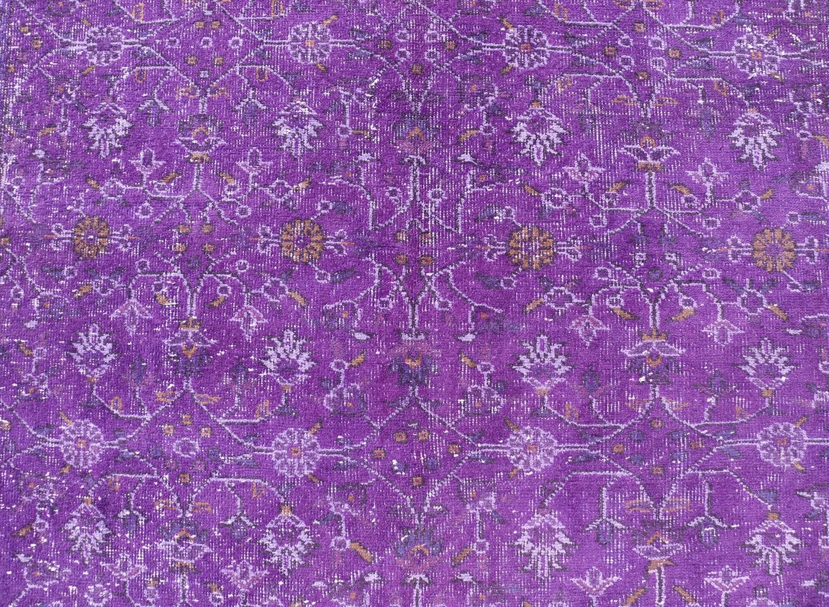 Vintage Overdyed Turkish Oushak with All - Over Floral Design in Purples Measures: 5'8 x 9'2 The field displays a Oushak design, utilizing repeating stylized floral motifs. The border homes a foliage - like pattern complimentary to the field ... - Keivan Woven ArtsEN - P13616 - 17874Rug