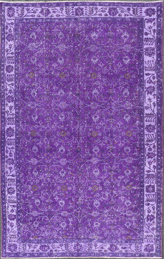 Vintage Overdyed Turkish Oushak with All - Over Floral Design in Purples Measures: 5'8 x 9'2 The field displays a Oushak design, utilizing repeating stylized floral motifs. The border homes a foliage - like pattern complimentary to the field ... - Keivan Woven ArtsEN - P13616 - 17874Rug