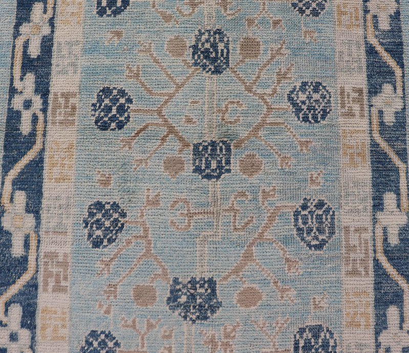 Turkish Khotan Designed Runner with Pomegranate Design in Cream, Tan and Blues Turkish Khotan Runner, rug EN - P13640, country of origin / type: Turkey / Khotan. Measures: 3'2 x 12'3. - Keivan Woven ArtsEN - P13640 - 17886Rug