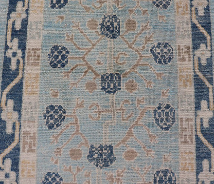 Turkish Khotan Designed Runner with Pomegranate Design in Cream, Tan and Blues Turkish Khotan Runner, rug EN - P13640, country of origin / type: Turkey / Khotan. Measures: 3'2 x 12'3. - Keivan Woven ArtsEN - P13640 - 17886