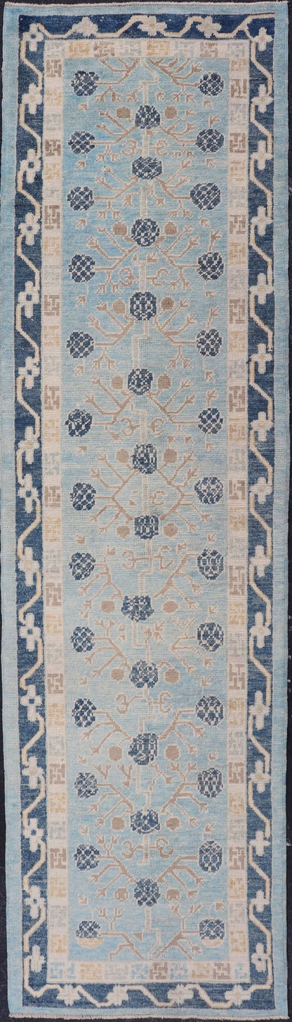 Turkish Khotan Designed Runner with Pomegranate Design in Cream, Tan and Blues Turkish Khotan Runner, rug EN - P13640, country of origin / type: Turkey / Khotan. Measures: 3'2 x 12'3. - Keivan Woven ArtsEN - P13640 - 17886