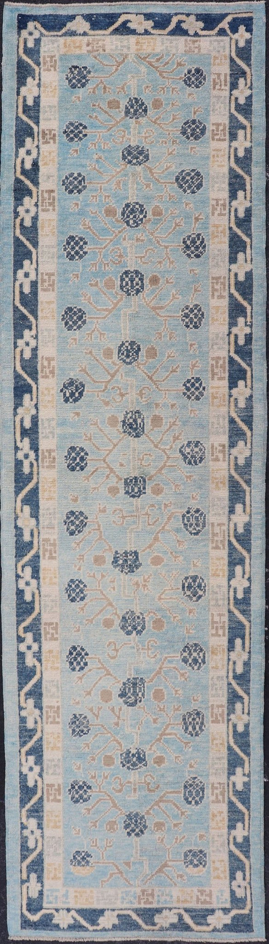 Turkish Khotan Designed Runner with Pomegranate Design in Cream, Tan and Blues Turkish Khotan Runner, rug EN - P13640, country of origin / type: Turkey / Khotan. Measures: 3'2 x 12'3. - Keivan Woven ArtsEN - P13640 - 17886
