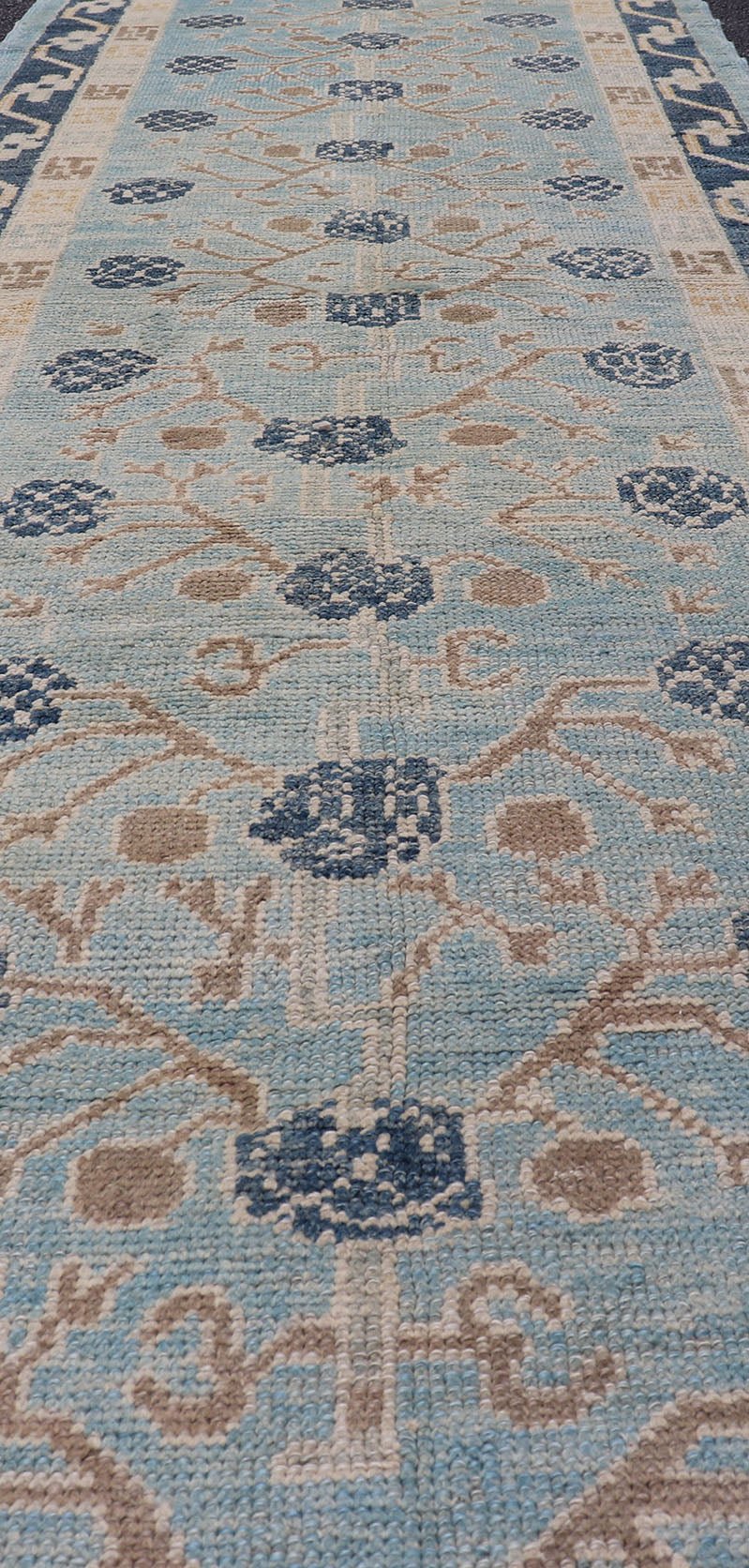 Turkish Khotan Designed Runner with Pomegranate Design in Cream, Tan and Blues Turkish Khotan Runner, rug EN - P13640, country of origin / type: Turkey / Khotan. Measures: 3'2 x 12'3. - Keivan Woven ArtsEN - P13640 - 17886Rug