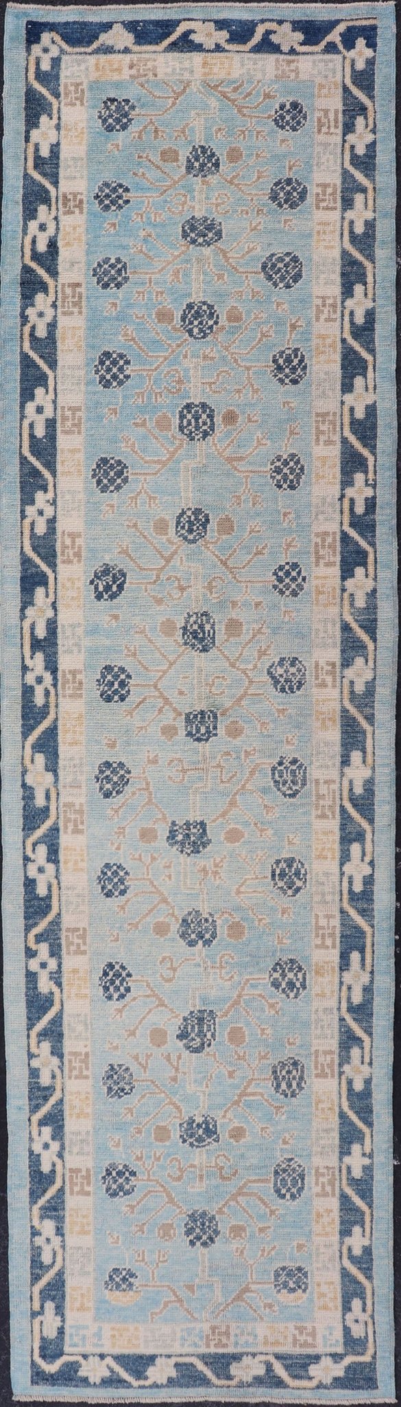 Turkish Khotan Designed Runner with Pomegranate Design in Cream, Tan and Blues Turkish Khotan Runner, rug EN - P13640, country of origin / type: Turkey / Khotan. Measures: 3'2 x 12'3. - Keivan Woven ArtsEN - P13640 - 17886Rug