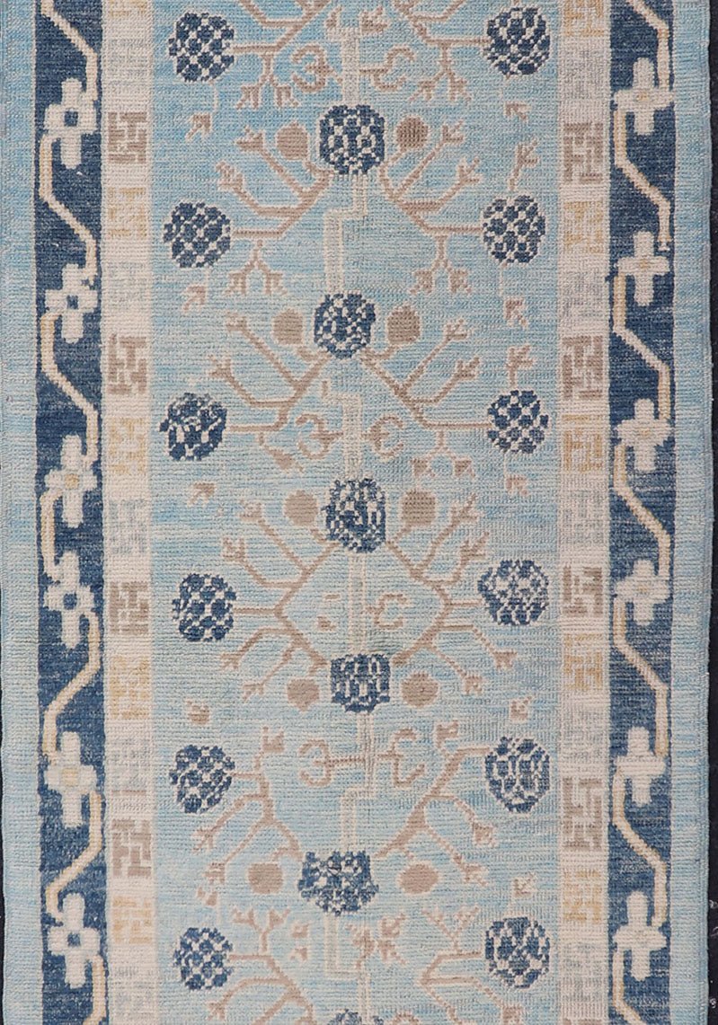 Turkish Khotan Designed Runner with Pomegranate Design in Cream, Tan and Blues Turkish Khotan Runner, rug EN - P13640, country of origin / type: Turkey / Khotan. Measures: 3'2 x 12'3. - Keivan Woven ArtsEN - P13640 - 17886Rug