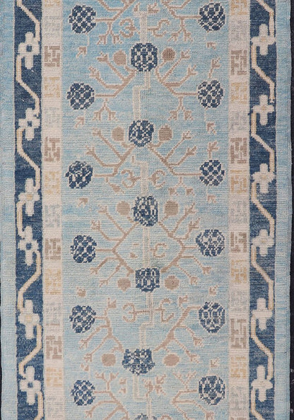 Turkish Khotan Designed Runner with Pomegranate Design in Cream, Tan and Blues Turkish Khotan Runner, rug EN - P13640, country of origin / type: Turkey / Khotan. Measures: 3'2 x 12'3. - Keivan Woven ArtsEN - P13640 - 17886Rug