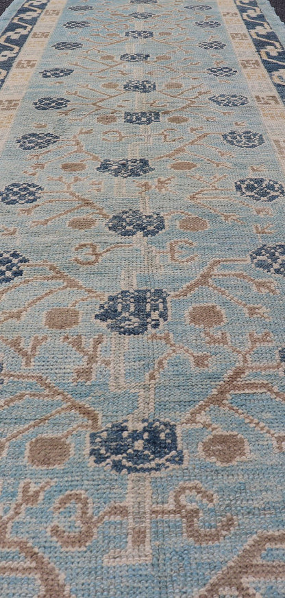 Turkish Khotan Designed Runner with Pomegranate Design in Cream, Tan and Blues Turkish Khotan Runner, rug EN - P13640, country of origin / type: Turkey / Khotan. Measures: 3'2 x 12'3. - Keivan Woven ArtsEN - P13640 - 17886
