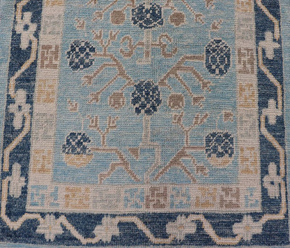 Turkish Khotan Designed Runner with Pomegranate Design in Cream, Tan and Blues Turkish Khotan Runner, rug EN - P13640, country of origin / type: Turkey / Khotan. Measures: 3'2 x 12'3. - Keivan Woven ArtsEN - P13640 - 17886Rug