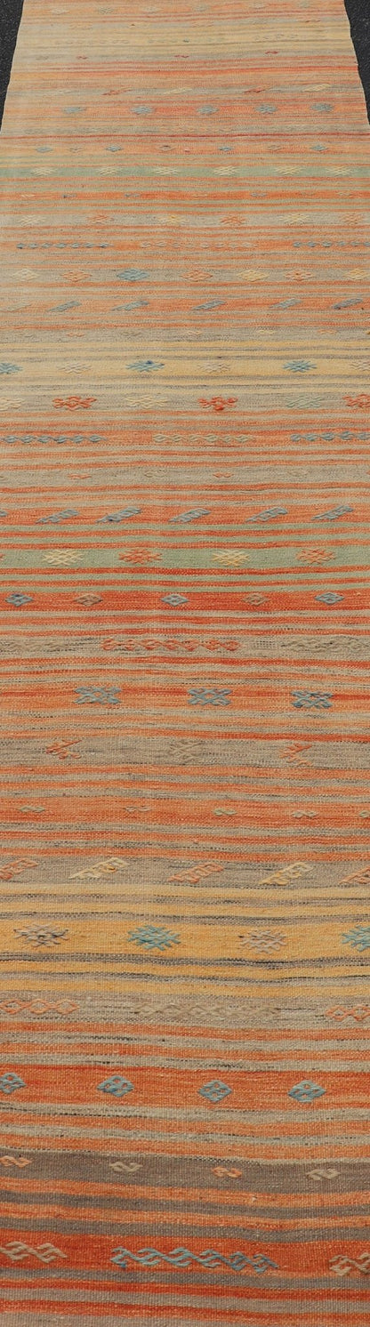 Colorful Vintage Turkish Kilim Runner with Stripes and Geometric Embroideries Colorful Vintage Turkish Kilim Runner with Stripes and Geometric Embroideries. Keivan Woven Arts / rug EN - P13659, country of origin / type: Turkey / Kilim, circa M... - Keivan Woven ArtsEN - P13659 - 17898Rug