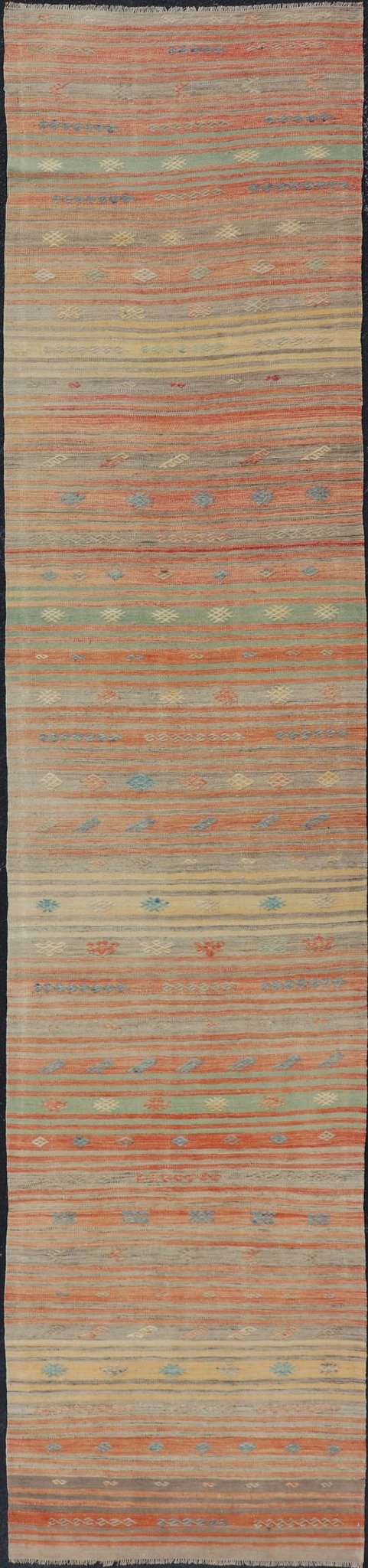 Colorful Vintage Turkish Kilim Runner with Stripes and Geometric Embroideries Colorful Vintage Turkish Kilim Runner with Stripes and Geometric Embroideries. Keivan Woven Arts / rug EN - P13659, country of origin / type: Turkey / Kilim, circa M... - Keivan Woven ArtsEN - P13659 - 17898