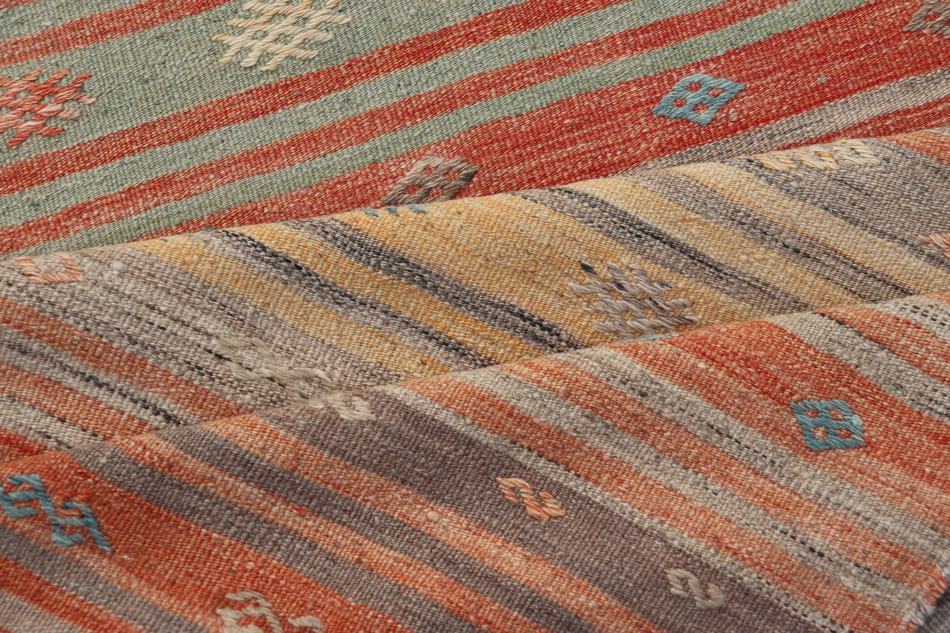 Colorful Vintage Turkish Kilim Runner with Stripes and Geometric Embroideries Colorful Vintage Turkish Kilim Runner with Stripes and Geometric Embroideries. Keivan Woven Arts / rug EN - P13659, country of origin / type: Turkey / Kilim, circa M... - Keivan Woven ArtsEN - P13659 - 17898Rug