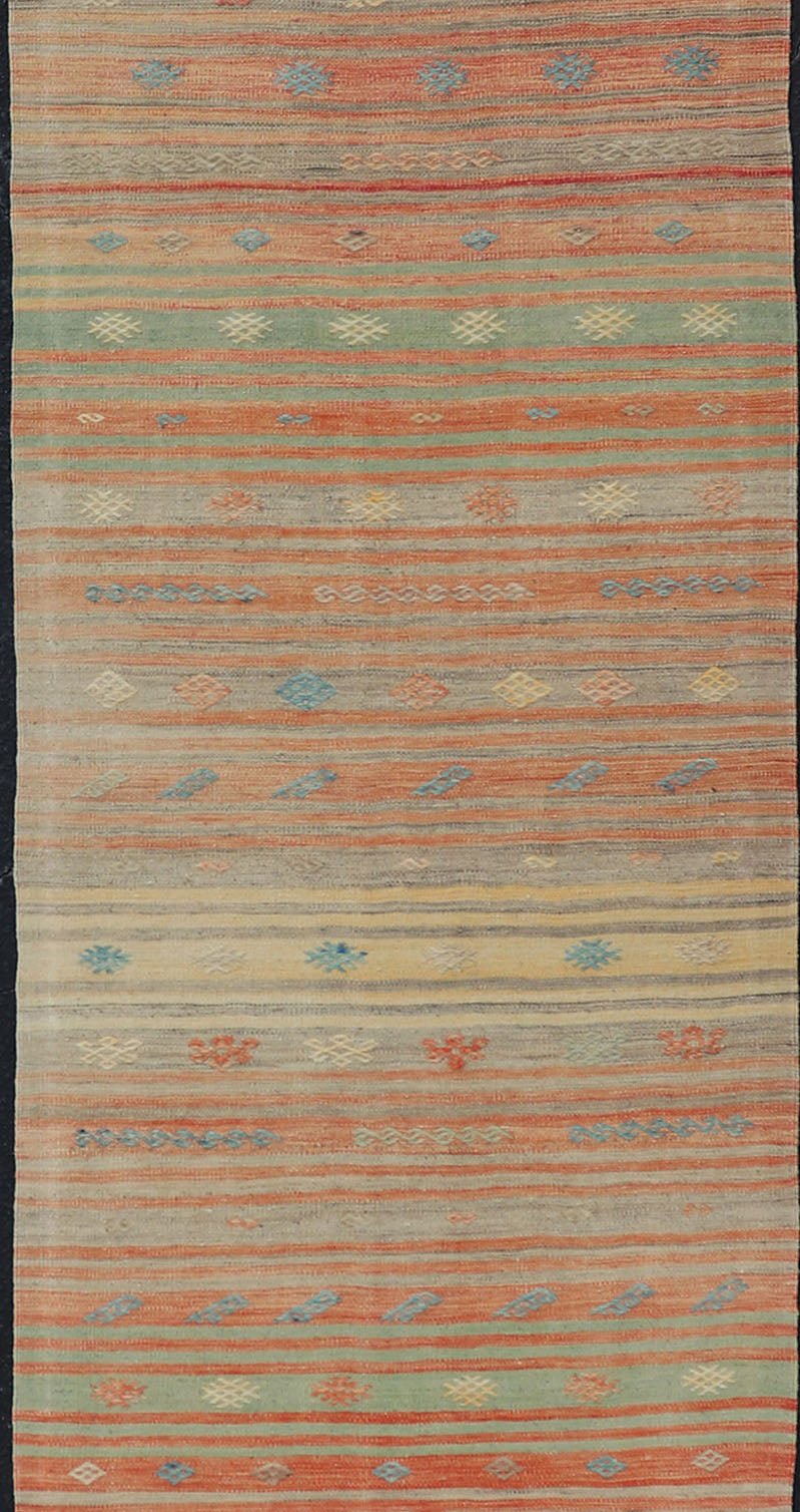 Colorful Vintage Turkish Kilim Runner with Stripes and Geometric Embroideries Colorful Vintage Turkish Kilim Runner with Stripes and Geometric Embroideries. Keivan Woven Arts / rug EN - P13659, country of origin / type: Turkey / Kilim, circa M... - Keivan Woven ArtsEN - P13659 - 17898Rug