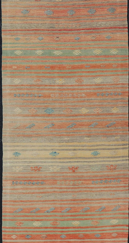 Colorful Vintage Turkish Kilim Runner with Stripes and Geometric Embroideries Colorful Vintage Turkish Kilim Runner with Stripes and Geometric Embroideries. Keivan Woven Arts / rug EN - P13659, country of origin / type: Turkey / Kilim, circa M... - Keivan Woven ArtsEN - P13659 - 17898Rug