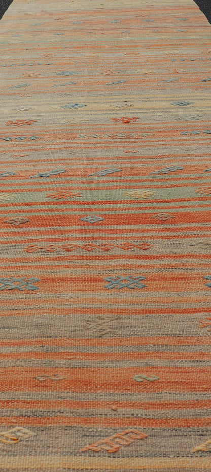 Colorful Vintage Turkish Kilim Runner with Stripes and Geometric Embroideries Colorful Vintage Turkish Kilim Runner with Stripes and Geometric Embroideries. Keivan Woven Arts / rug EN - P13659, country of origin / type: Turkey / Kilim, circa M... - Keivan Woven ArtsEN - P13659 - 17898Rug