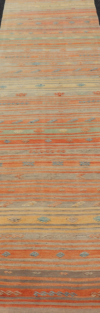 Colorful Vintage Turkish Kilim Runner with Stripes and Geometric Embroideries Colorful Vintage Turkish Kilim Runner with Stripes and Geometric Embroideries. Keivan Woven Arts / rug EN - P13659, country of origin / type: Turkey / Kilim, circa M... - Keivan Woven ArtsEN - P13659 - 17898Rug