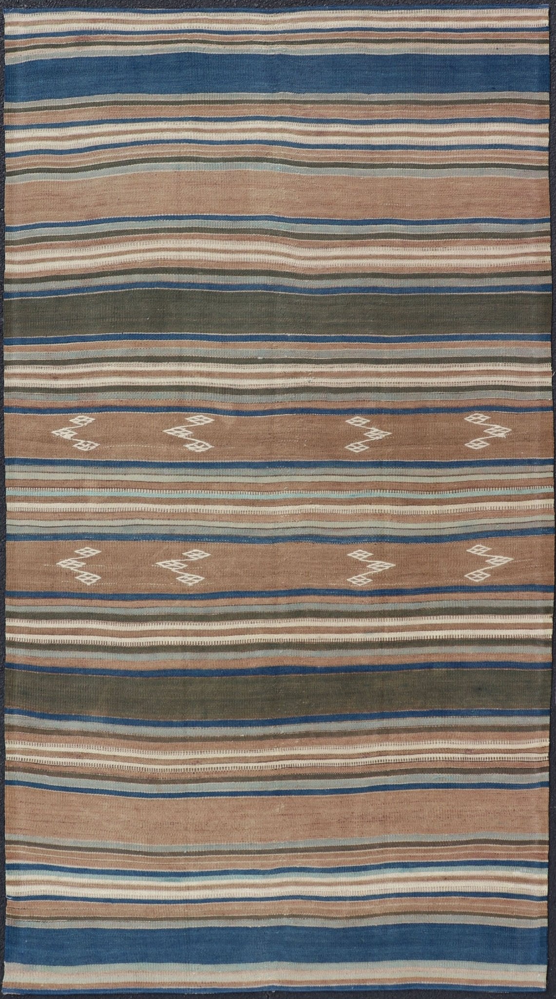 Vintage Turkish Flat - Weave Kilim with Blue's, Brown, & Taupe in Striped Design Vintage Turkish Flat - Weave Kilim with Blue's, Brown, & Taupe in Striped Design. Keivan Woven Arts / rug EN - P13682, country of origin / type: Turkey / Kilim, circa Mid... - Keivan Woven ArtsEN - P13682 - 17910Rug