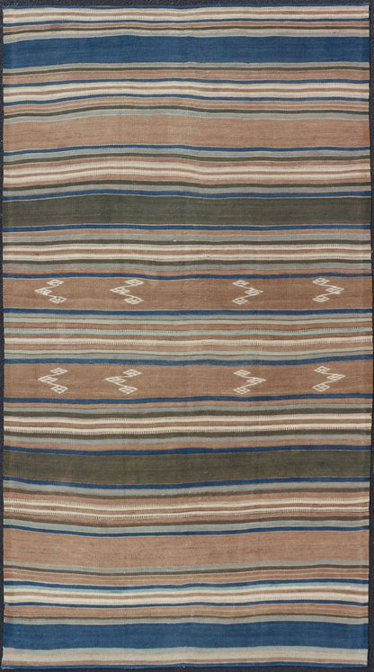 Vintage Turkish Flat - Weave Kilim with Blue's, Brown, & Taupe in Striped Design Vintage Turkish Flat - Weave Kilim with Blue's, Brown, & Taupe in Striped Design. Keivan Woven Arts / rug EN - P13682, country of origin / type: Turkey / Kilim, circa Mid... - Keivan Woven ArtsEN - P13682 - 17910Rug