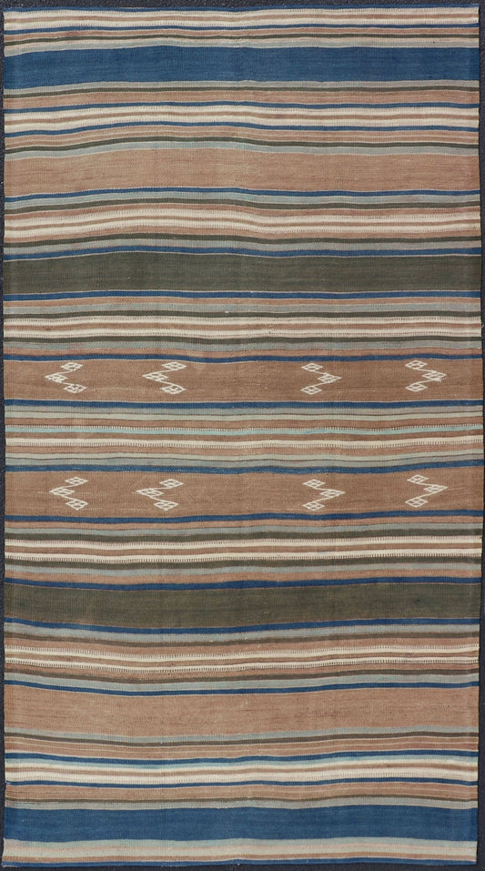 Vintage Turkish Flat - Weave Kilim with Blue's, Brown, & Taupe in Striped Design Vintage Turkish Flat - Weave Kilim with Blue's, Brown, & Taupe in Striped Design. Keivan Woven Arts / rug EN - P13682, country of origin / type: Turkey / Kilim, circa Mid... - Keivan Woven ArtsEN - P13682 - 17910Rug