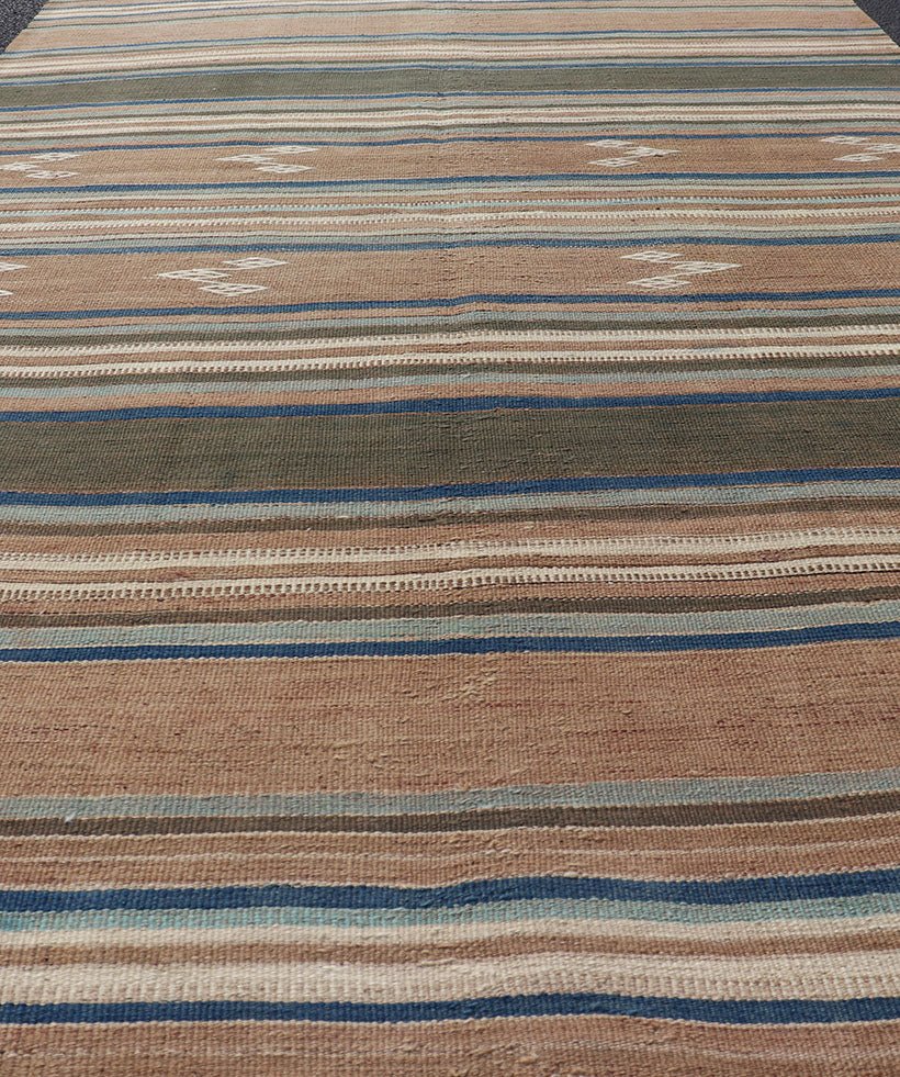 Vintage Turkish Flat - Weave Kilim with Blue's, Brown, & Taupe in Striped Design Vintage Turkish Flat - Weave Kilim with Blue's, Brown, & Taupe in Striped Design. Keivan Woven Arts / rug EN - P13682, country of origin / type: Turkey / Kilim, circa Mid... - Keivan Woven ArtsEN - P13682 - 17910Rug