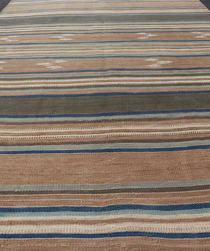 Vintage Turkish Flat - Weave Kilim with Blue's, Brown, & Taupe in Striped Design Vintage Turkish Flat - Weave Kilim with Blue's, Brown, & Taupe in Striped Design. Keivan Woven Arts / rug EN - P13682, country of origin / type: Turkey / Kilim, circa Mid... - Keivan Woven ArtsEN - P13682 - 17910Rug
