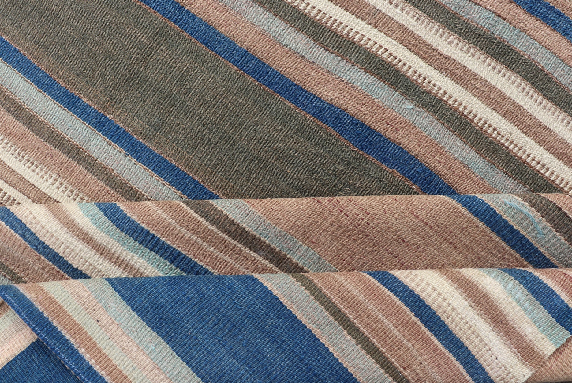 Vintage Turkish Flat - Weave Kilim with Blue's, Brown, & Taupe in Striped Design Vintage Turkish Flat - Weave Kilim with Blue's, Brown, & Taupe in Striped Design. Keivan Woven Arts / rug EN - P13682, country of origin / type: Turkey / Kilim, circa Mid... - Keivan Woven ArtsEN - P13682 - 17910Rug