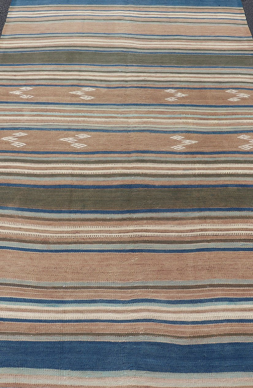 Vintage Turkish Flat - Weave Kilim with Blue's, Brown, & Taupe in Striped Design Vintage Turkish Flat - Weave Kilim with Blue's, Brown, & Taupe in Striped Design. Keivan Woven Arts / rug EN - P13682, country of origin / type: Turkey / Kilim, circa Mid... - Keivan Woven ArtsEN - P13682 - 17910Rug