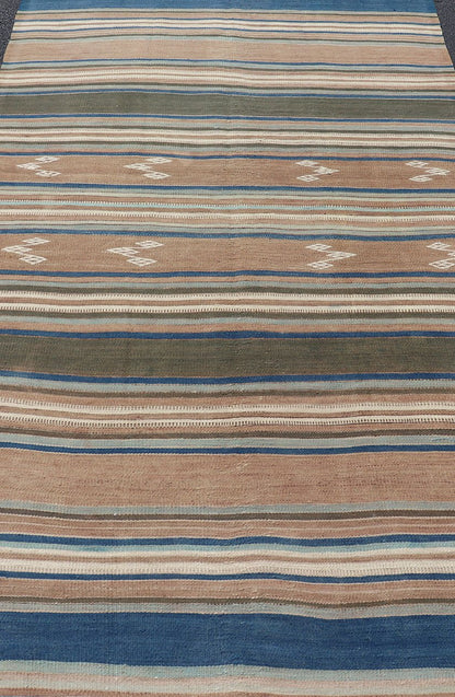 Vintage Turkish Flat - Weave Kilim with Blue's, Brown, & Taupe in Striped Design Vintage Turkish Flat - Weave Kilim with Blue's, Brown, & Taupe in Striped Design. Keivan Woven Arts / rug EN - P13682, country of origin / type: Turkey / Kilim, circa Mid... - Keivan Woven ArtsEN - P13682 - 17910Rug
