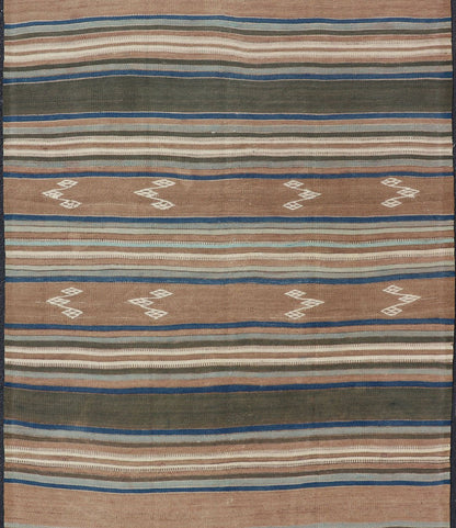Vintage Turkish Flat - Weave Kilim with Blue's, Brown, & Taupe in Striped Design Vintage Turkish Flat - Weave Kilim with Blue's, Brown, & Taupe in Striped Design. Keivan Woven Arts / rug EN - P13682, country of origin / type: Turkey / Kilim, circa Mid... - Keivan Woven ArtsEN - P13682 - 17910Rug