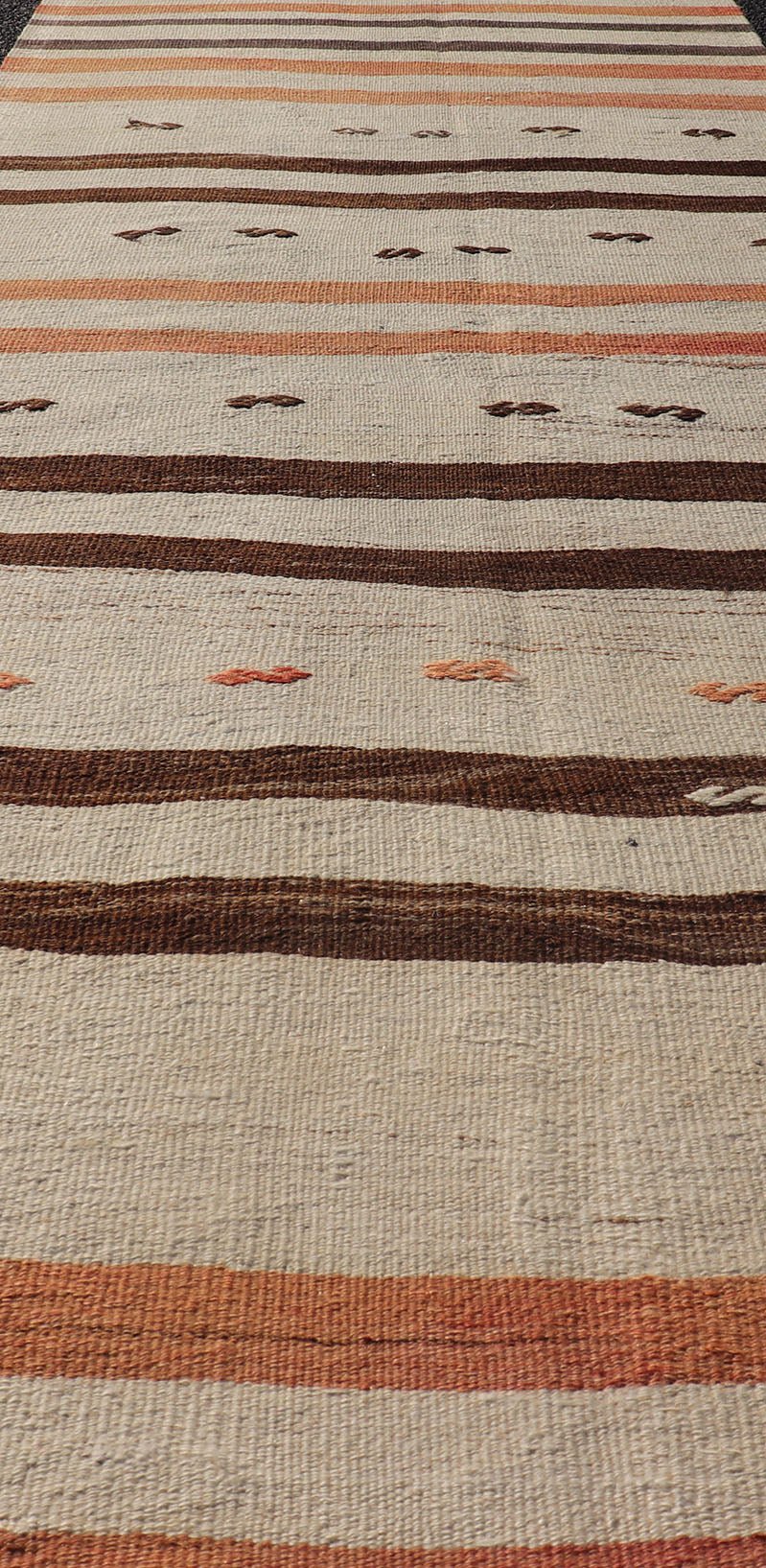 Vintage Turkish Kilim Runner with Stripes in Cream, Brown & Soft Coral Color Vintage Turkish Kilim Runner with Stripes in Cream, Brown & Soft Coral Color. Keivan Woven Arts / rug EN - P13693, country of origin / type: Turkey / Kilim, circa Mid - 20t... - Keivan Woven ArtsEN - P13693 - 17916Rug