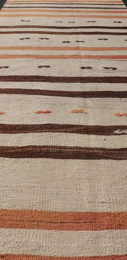 Vintage Turkish Kilim Runner with Stripes in Cream, Brown & Soft Coral Color Vintage Turkish Kilim Runner with Stripes in Cream, Brown & Soft Coral Color. Keivan Woven Arts / rug EN - P13693, country of origin / type: Turkey / Kilim, circa Mid - 20t... - Keivan Woven ArtsEN - P13693 - 17916Rug