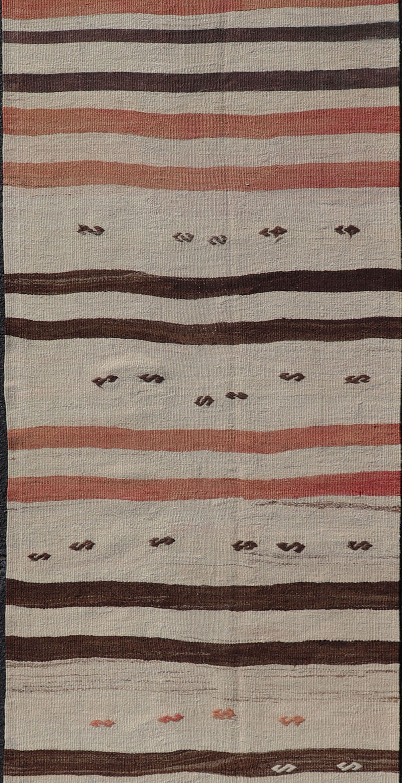 Vintage Turkish Kilim Runner with Stripes in Cream, Brown & Soft Coral Color Vintage Turkish Kilim Runner with Stripes in Cream, Brown & Soft Coral Color. Keivan Woven Arts / rug EN - P13693, country of origin / type: Turkey / Kilim, circa Mid - 20t... - Keivan Woven ArtsEN - P13693 - 17916Rug