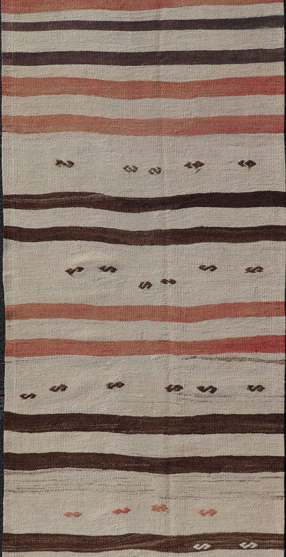 Vintage Turkish Kilim Runner with Stripes in Cream, Brown & Soft Coral Color Vintage Turkish Kilim Runner with Stripes in Cream, Brown & Soft Coral Color. Keivan Woven Arts / rug EN - P13693, country of origin / type: Turkey / Kilim, circa Mid - 20t... - Keivan Woven ArtsEN - P13693 - 17916Rug