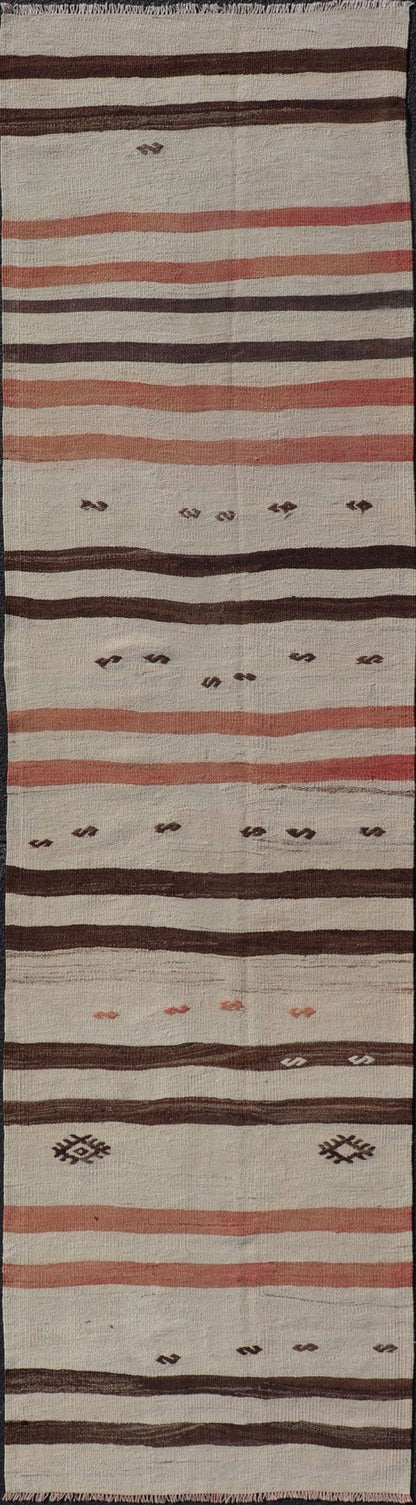 Vintage Turkish Kilim Runner with Stripes in Cream, Brown & Soft Coral Color Vintage Turkish Kilim Runner with Stripes in Cream, Brown & Soft Coral Color. Keivan Woven Arts / rug EN - P13693, country of origin / type: Turkey / Kilim, circa Mid - 20t... - Keivan Woven ArtsEN - P13693 - 17916Rug