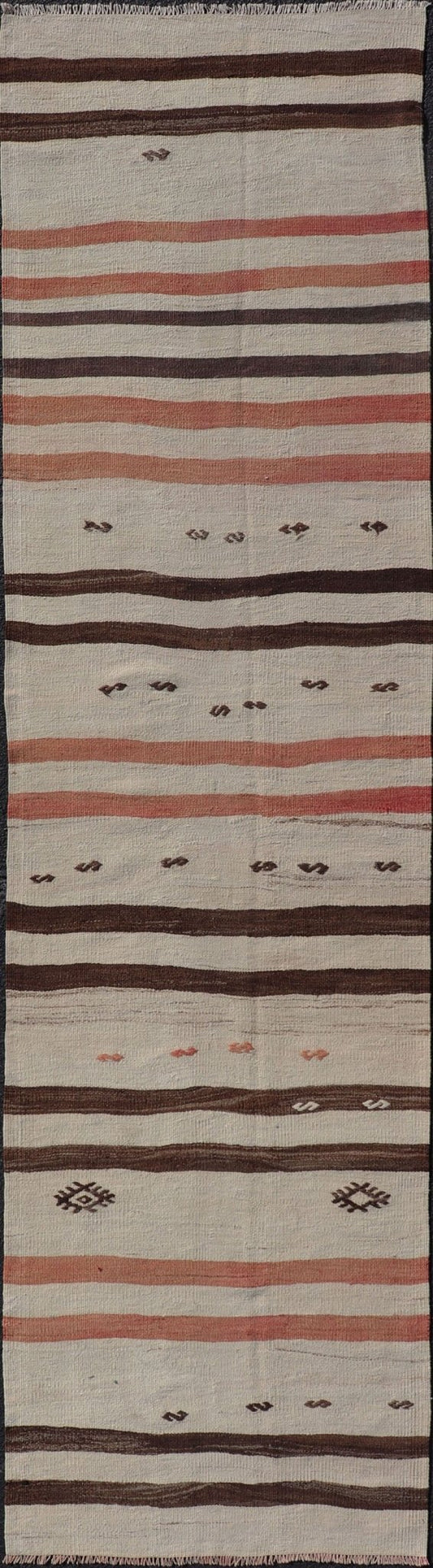 Vintage Turkish Kilim Runner with Stripes in Cream, Brown & Soft Coral Color Vintage Turkish Kilim Runner with Stripes in Cream, Brown & Soft Coral Color. Keivan Woven Arts / rug EN - P13693, country of origin / type: Turkey / Kilim, circa Mid - 20t... - Keivan Woven ArtsEN - P13693 - 17916Rug