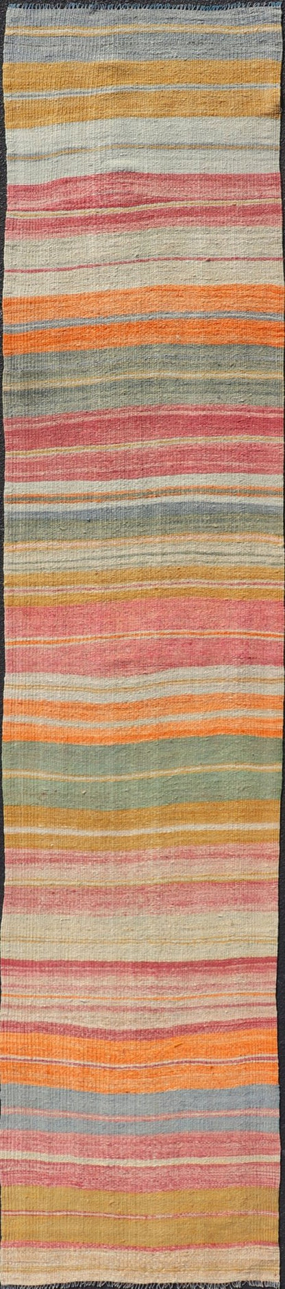 Vintage Turkish Kilim Runner with Horizontal Stripes in Bright Color Tones Vintage Turkish Kilim Runner with Horizontal Stripes in Bright Color Tones. Keivan Woven Arts / rug EN - P13699, country of origin / type: Turkey / Kilim, circa Mid - 20th Ce... - Keivan Woven ArtsEN - P13699 - 17922Rug